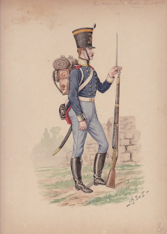 Aquarelle originale titrée : Prusse - Infanterie de ligne - Campagne de Russie en 1812.. [Napoléon, Empire, Uniforme, Prusse] Charles Le Tourneur (ou ...