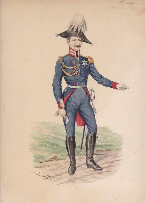 Aquarelle originale titrée : Prusse - Colonel d'Infanterie (1812-15). [Napoléon, Empire, Uniforme, Prusse] Charles Le Tourneur (ou Letourneur), ...