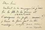 Carte autographe signée. Jean-Jam (?-1951), chansonnier, écrivain.
