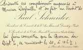 Carte autographe signée. Paul Schneider (1841-1916), élève de Saint-Cyr, directeur de mines à Douchy, Albi, Courrières, homme politique. 