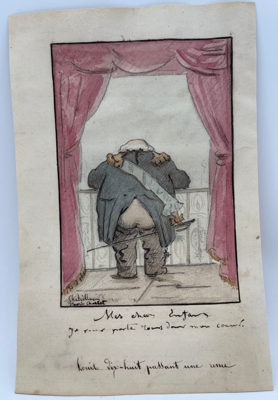 Dessin original - Caricature de Louis XVIII. Charles Chabrillac (1804-1879), peintre. 
