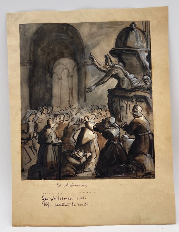 Dessin original - Illustration pour Les Missionnaires. Charles Chabrillac (1804-1879), peintre ; Pierre-Jean de Béranger (1780-1857), poète, ...