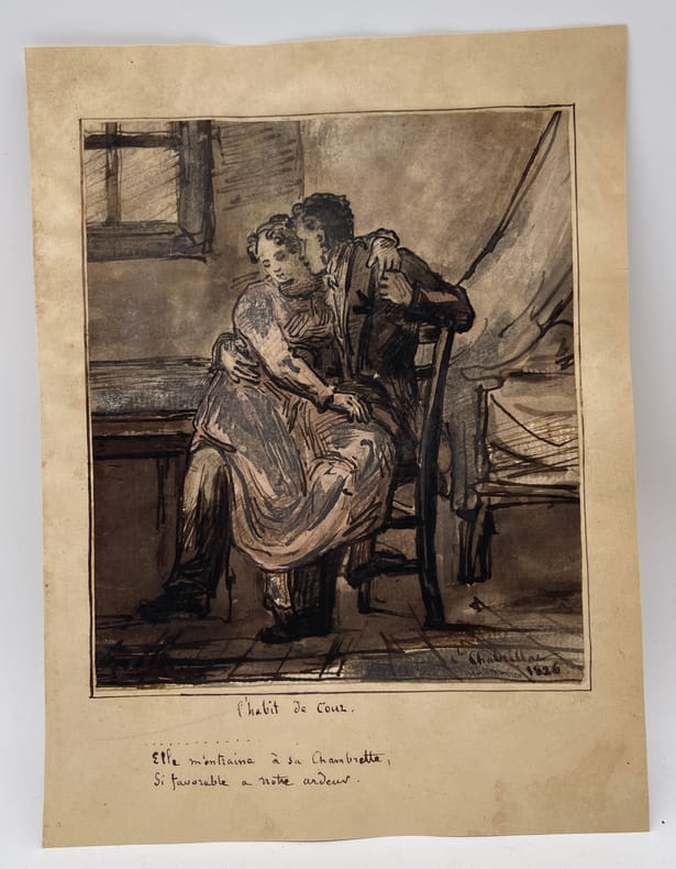Dessin original - Illustration pour L'Habit de cour. Charles Chabrillac (1804-1879), peintre ; Pierre-Jean de Béranger (1780-1857), poète, ...