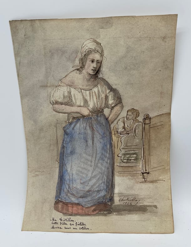 Dessin original - Illustration pour Frétillon. Charles Chabrillac (1804-1879), peintre ; Pierre-Jean de Béranger (1780-1857), poète, chansonnier. 