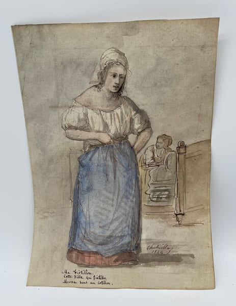 Dessin original - Illustration pour Fr&eacute;tillon. Charles Chabrillac (1804-1879), peintre ; Pierre-Jean de B&eacute;ranger (1780-1857), po&egrave;te, chansonnier. 