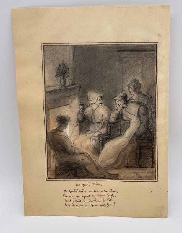 Dessin original - Illustration pour Ma Grand'mère. Charles Chabrillac (1804-1879), peintre ; Pierre-Jean de Béranger (1780-1857), poète, chansonnier. 
