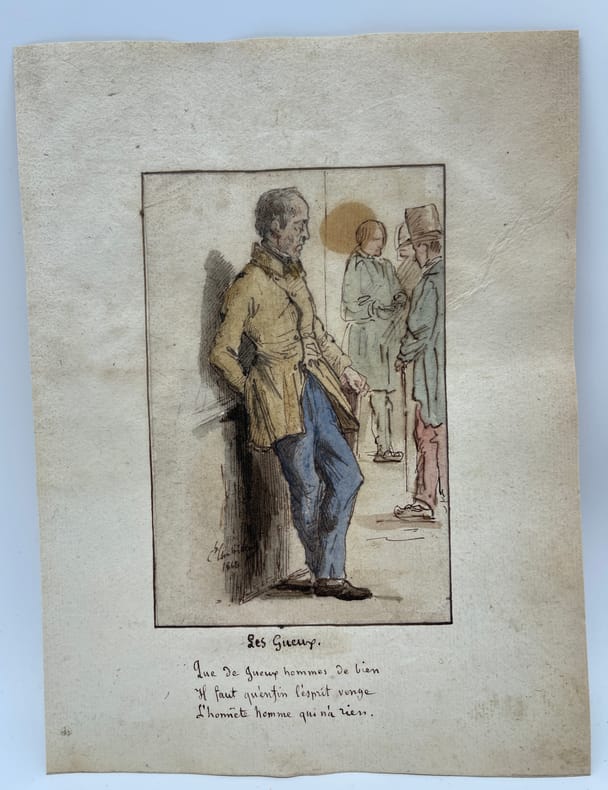 Dessin original - Illustration pour Les Gueux. Charles Chabrillac (1804-1879), peintre ; Pierre-Jean de Béranger (1780-1857), poète, chansonnier. 