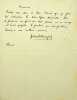 Lettre autographe signée au critique d'art François Thiébault-Sisson. Paul Bourget (1852-1935), écrivain, membre de l'Académie française.