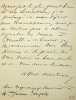 Lettre autographe signée à Emmanuel Gonzalès. Alfred Asseline (1823-1891), poète, écrivain, journaliste, cousin-germain d'Adèle Foucher. 