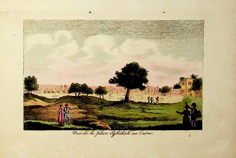 [Gravure tirée de] Breton de la Martinière, Vue de la place Ezbékieh au Caire [gravure tirée de L'Égypte et la Syrie, ou moeurs, usages, costumes et ...