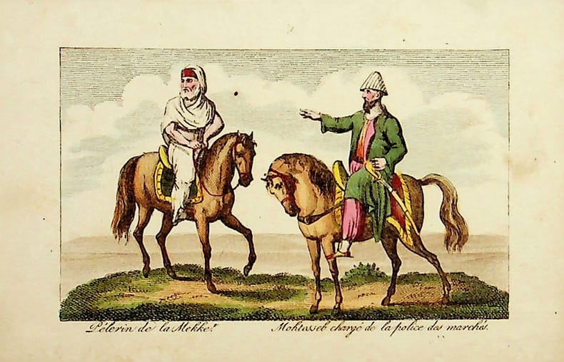 [Gravure tirée de] Breton de la Martinière, Pélerin de la Mekke & Mohtesseb chargé de la police des marchés [gravure tirée de L'Égypte et la Syrie, ou ...