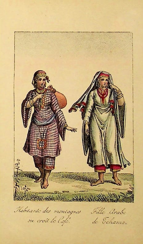[Gravure tirée de] Breton de la Martinière, Habitante des montagnes ou croît le Café & Fille Arabe de Tehama [gravure tirée de L'Égypte et la Syrie, ...