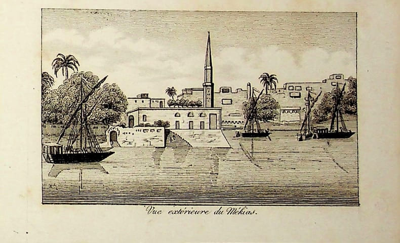 [Gravure tir&eacute;e de] Breton de la Martini&egrave;re, Vue ext&eacute;rieure de M&eacute;kias [gravure tir&eacute;e de L'&Eacute;gypte et la Syrie, ou moeurs, usages, costumes et monumens ...