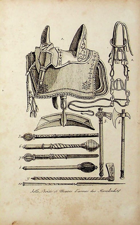 [Gravure tirée de] Breton de la Martinière, Selle, bride et masses d'armes des Mamlouks [gravure tirée de L'Égypte et la Syrie, ou moeurs, usages, ...
