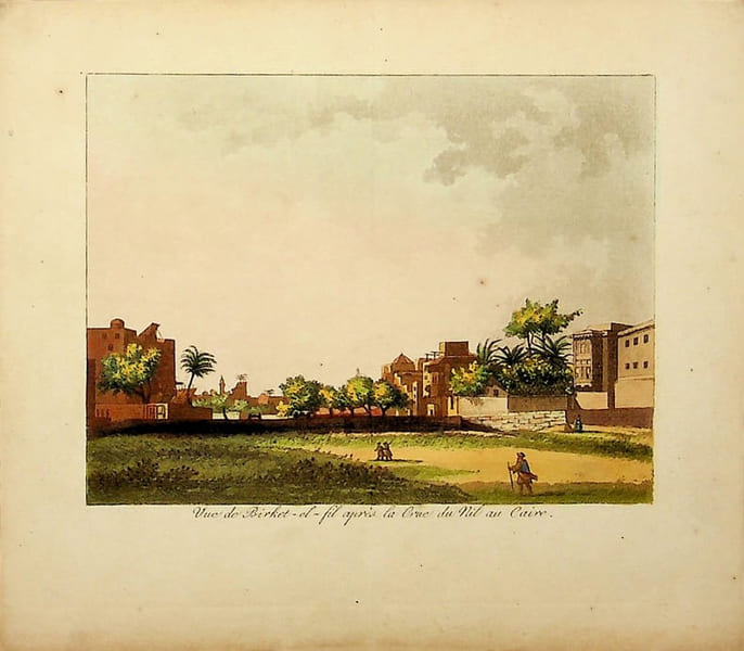 [Gravure tir&eacute;e de] Breton de la Martini&egrave;re, Vue de Birket-el)fil apr&egrave;s la Crue du Nil au Caire [gravure tir&eacute;e de L'&Eacute;gypte et la Syrie, ou moeurs, ...