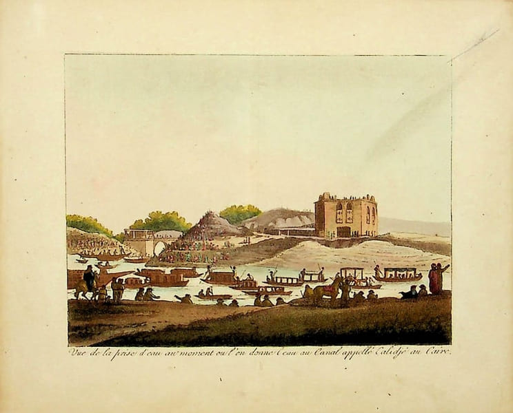[Gravure tir&eacute;e de] Breton de la Martini&egrave;re, Vue de la prise d'eau au moment o&ugrave; l'on donne l'eau du canal appel&eacute; Calidj&eacute; au Caire [gravure tir&eacute;e de ...