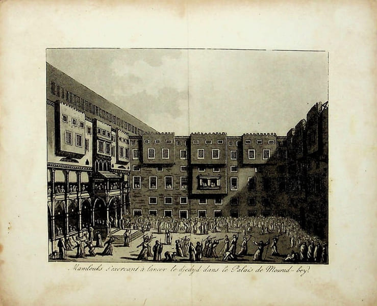 [Gravure tir&eacute;e de] Breton de la Martini&egrave;re, Mamlouks s'exer&ccedil;ant &agrave; lancer le djedyd dans le Palais de Mourad-Bey [gravure tir&eacute;e de L'&Eacute;gypte et la ...