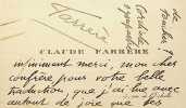 Carte autographe sign&eacute;e. Claude Farr&egrave;re (1876-1957), &eacute;crivain, officier de marine, membre de l'Acad&eacute;mie fran&ccedil;aise. 