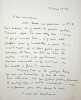 Lettre autographe sign&eacute;e . Marcel Arland (1899-1986), &eacute;crivain, sc&eacute;nariste, membre de l'Acad&eacute;mie fran&ccedil;aise. 