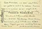 Carte autographe sign&eacute;e . Francis Ambri&egrave;re (1907-1998), &eacute;crivain, journaliste, &eacute;diteur, prix Goncourt 1940. 
