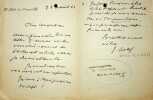 Lettre autographe sign&eacute;e. Jean Ajalbert (1863-1947), &eacute;crivain, membre de l'Acad&eacute;mie Goncourt.