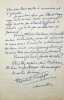 Lettre autographe sign&eacute;e. Marcel Cruppi (1883-1958), &eacute;crivain, historien, fils du ministre Jean Cruppi. 