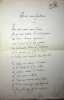 Po&egrave;me autographe sign&eacute;. Guy-Charles Cros (1879-1956), po&egrave;te.