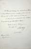 Lettre autographe sign&eacute;e. Fr&eacute;d&eacute;ric de Courcy (1797-1862), po&egrave;te, &eacute;crivain, chansonnier. 