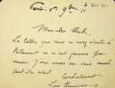 Lettre autographe sign&eacute;e &agrave; Pierre-Victor Stock. L&eacute;on Hennique (1850-1935), &eacute;crivain, pr&eacute;sident de l'Acad&eacute;mie Goncourt. 