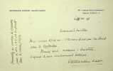 Lettre autographe sign&eacute;e. Louis Pasteur Vallery-Radot (1886-1970), m&eacute;decin, homme politique. 