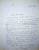 Lettre autographe sign&eacute;e &agrave; Henri B&eacute;raud. Marcel Pr&eacute;vost (1862-1941), &eacute;crivain, membre de l'Acad&eacute;mie fran&ccedil;aise. 