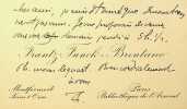 Carte autographe sign&eacute;e. Frantz Funck-Brentano (1862-1947), &eacute;crivain, conservateur. 