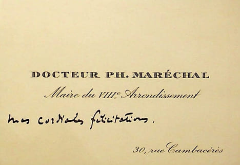 Carte autographe. Philippe Maréchal (1859-1926), médecin, maire d'arrondissement à Paris, membre de la SPA.