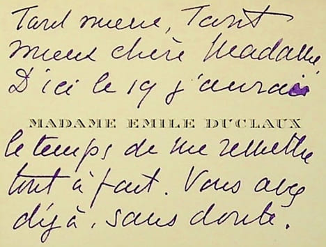 Carte autographe . Agnes Mary Frances Robinson dit Mary Duclaux (1857-1944), poétesse, écrivain, traductrice.