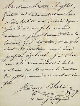 Pièce autographe signée. Henry Blatin (1806-1869), médecin & fondateur de la SPA dont il est vice-président.