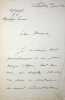 Lettre sign&eacute;e. Alfred Chanzy (1823-1883), g&eacute;n&eacute;ral, gouverneur de l'Alg&eacute;rie, ambassadeur en Russie, d&eacute;put&eacute;, s&eacute;nateur. 