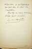 Lettre autographe sign&eacute;e. Eug&egrave;ne Grillon des Chapelles (1839-1926), directeur des th&eacute;&acirc;tres au minist&egrave;re des Beaux-Arts. 
