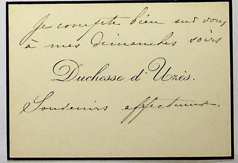 Carte autographe. Anne de Rochechouart de Mortemart (1847-1933), duchesse d'Uzès, pilote, sculptrice, pionnière de l'automobilisme féminin.