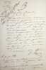 Lettre autographe sign&eacute;e. Jacques Aupick (1789-1857), g&eacute;n&eacute;ral, homme politique, beau-p&egrave;re de Baudelaire, ministre pl&eacute;nipotentiaire &agrave; Constantinople.