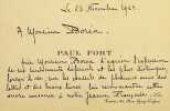 Carte autographe sign&eacute;e &agrave; Borea. Paul Fort (1872-1960), po&egrave;te. 