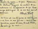 Carte autographe sign&eacute;e au docteur Vezoux. Paul Fort (1872-1960), po&egrave;te. 