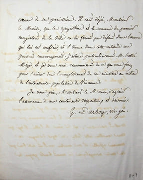 Lettre autographe signée. Georges Darboy (1813-1871), évêque de Nancy puis archevêque de Paris, fusillé par la Commune le 24 mai 1871.