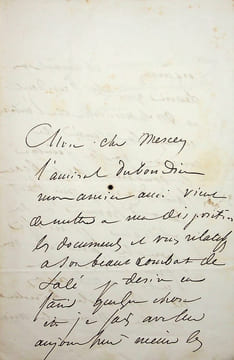 Lettre autographe signée au peintre Frédéric Bourgeois de Mercey. Théodore Gudin (1802-1880), peintre, premier titulaire du titre de peintre officiel ...