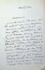 Lettre autographe sign&eacute;e. Emile Deschamps (1791-1871), po&egrave;te. 