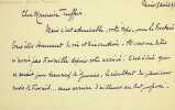 Lettre autographe sign&eacute;e &agrave; l'acteur Jules Truffier. Madeleine Horn-Monval (1886-1972), biblioth&eacute;caire, historienne. 