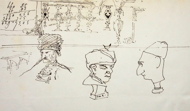 Dessin original &agrave; l'encre . Auguste de Peellaert (1793-1876), officier Belge, peintre, compositeur, &eacute;crivain. 