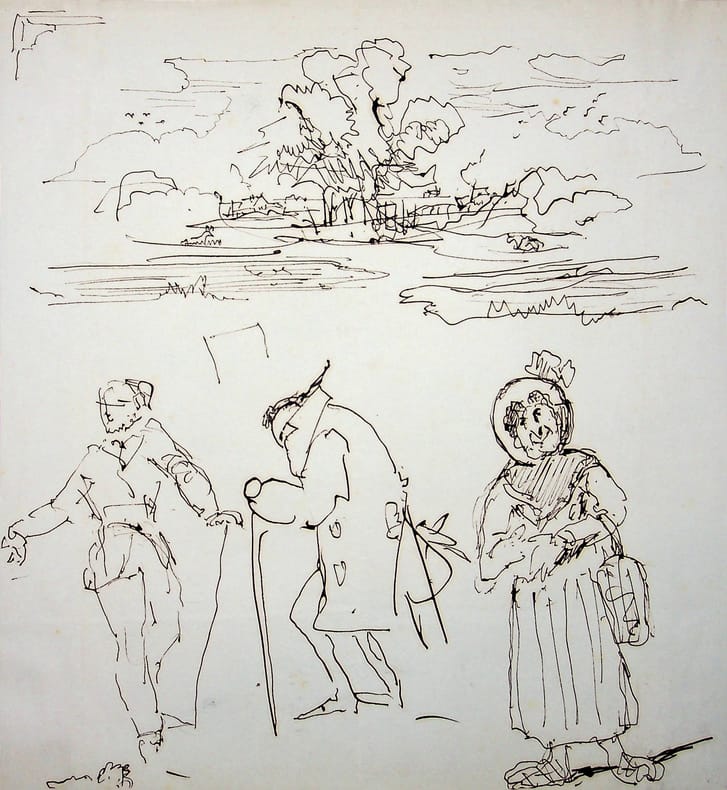 Dessin original &agrave; l'encre . Auguste de Peellaert (1793-1876), officier Belge, peintre, compositeur, &eacute;crivain. 