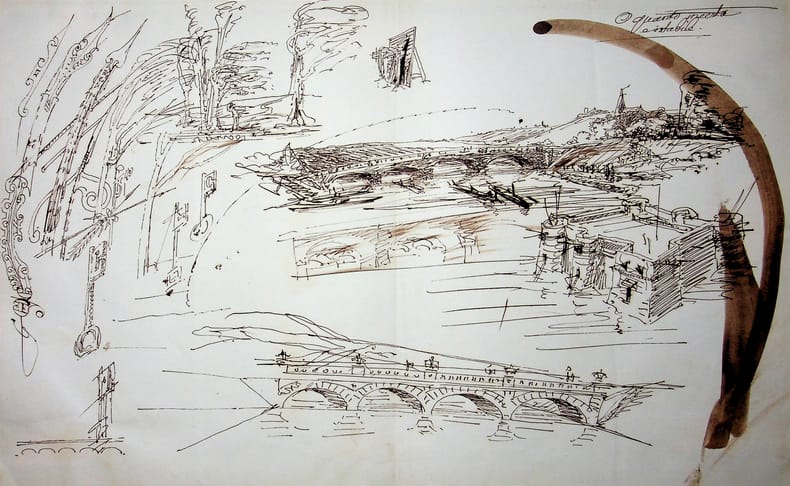 Dessin original &agrave; l'encre . Auguste de Peellaert (1793-1876), officier Belge, peintre, compositeur, &eacute;crivain. 