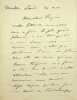 Lettre autographe sign&eacute;e au compositeur Ernest Reyer. Auguste Toulmouche (1829-1890), peintre. 