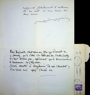 Lettre autographe signée à l'écrivain Léo Larguier. René Benjamin (1885-1948), écrivain, journaliste, prix Goncourt 1915, membre de l'Académie ...